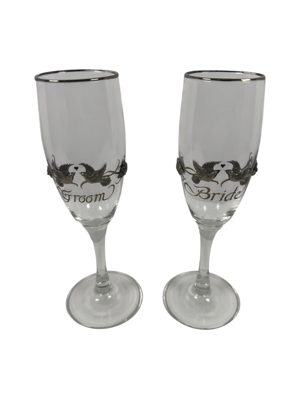 Rawcliffe Bride & Groom Chanpagne Flutes Pewter Doves Flowers Ribbons Gold Gild